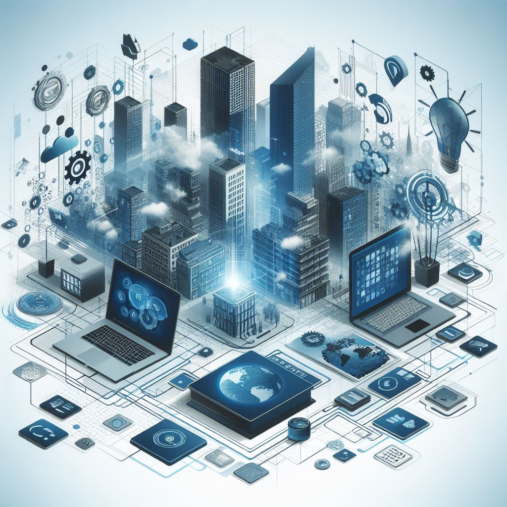 Графічне зображення міста з високими будівлями, об’єднане з елементами цифрової технології та хмарами даних, що символізує інтеграцію технологій у сучасне міське середовище. 