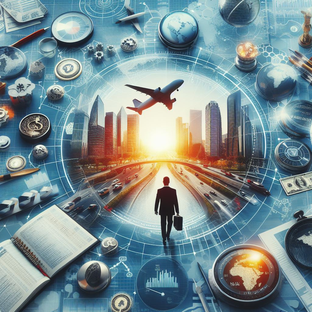 Людина стоїть у центрі майбутнього міста з різними елементами, такими як глобуси, валюти та графіки, що плавають навколо, символізуючи глобальний бізнес та технології. 