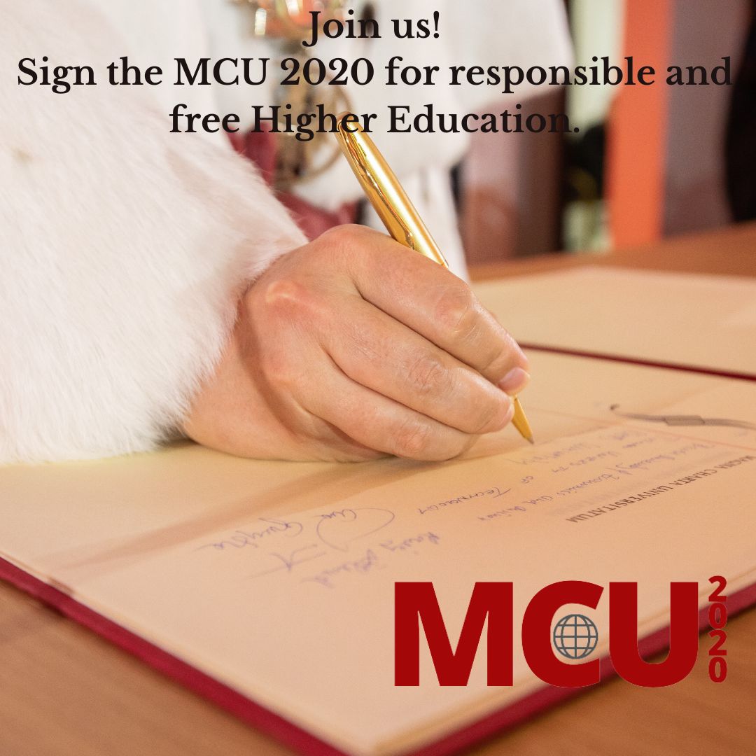 The person signs the document with a gold pen, promoting MCU 2020 for responsible and free higher education. 
