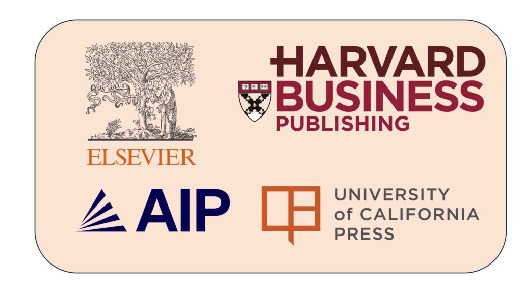 Логотипи Elsevier, Harvard Business Publishing, AIP та Univeristy of California Press