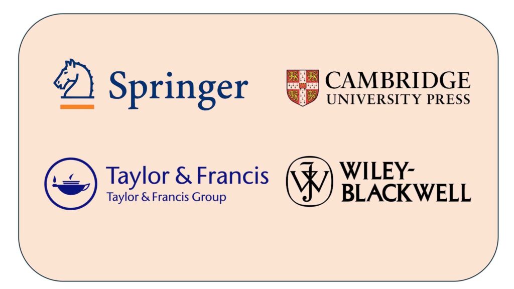 Логотипи Springer, Taylor & Francis, Cambridge University Press та Wiley-Blackwell