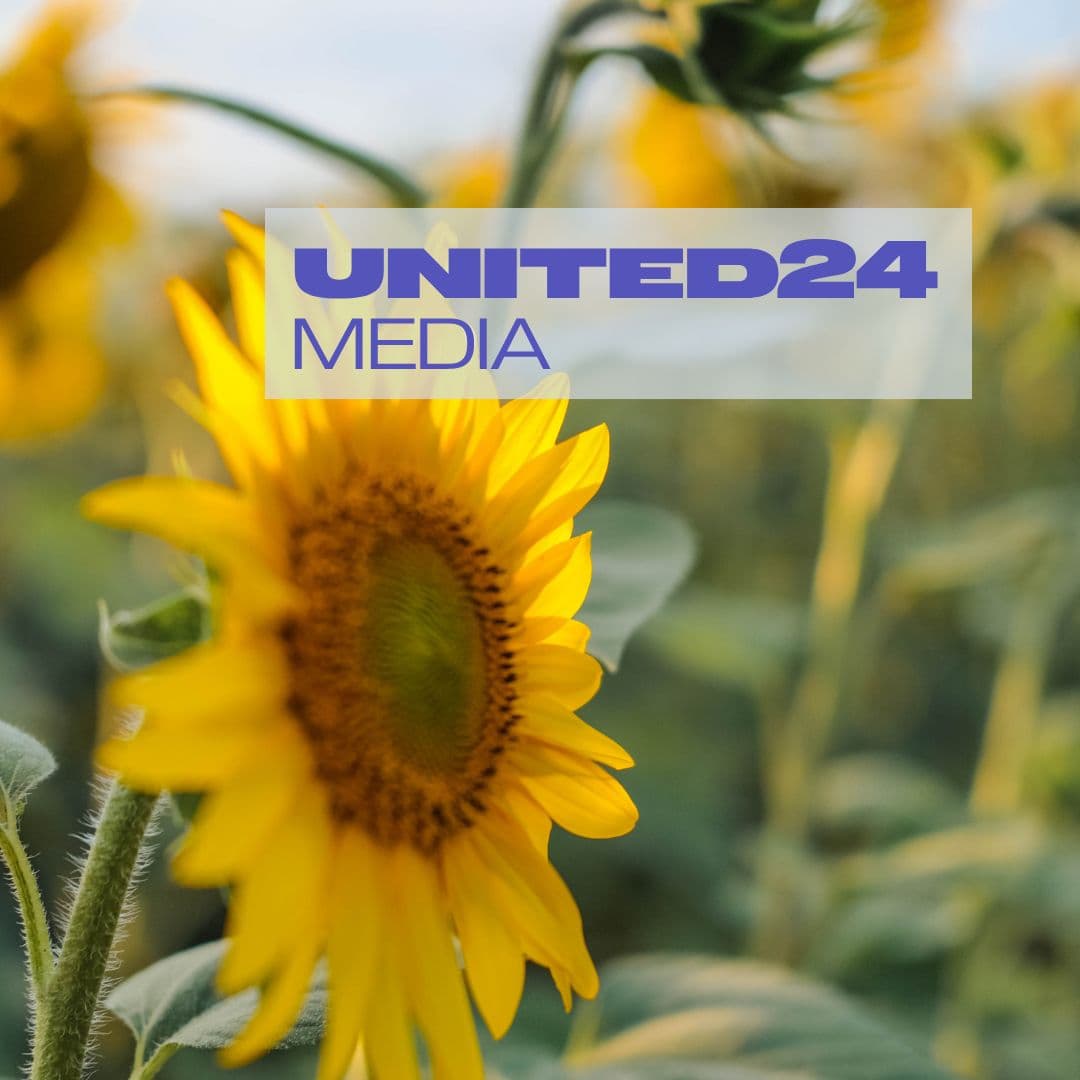 The UNITED24 MEDIA sign against the backdrop of Ukrainian sunflowers 