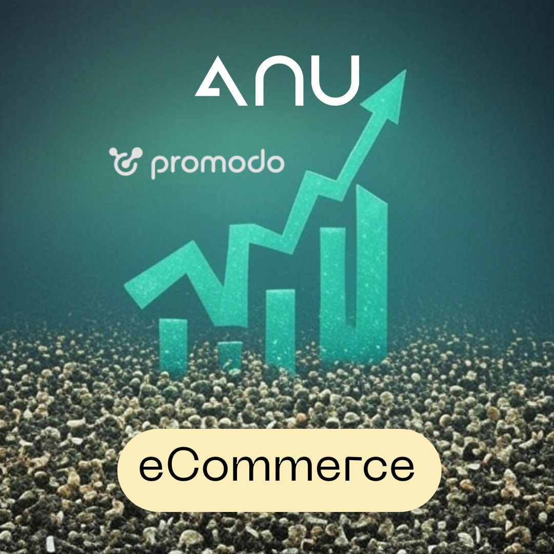 Абстрактне зображення із зростаючим графіком eCommerce, логотипами Promodo та ANU