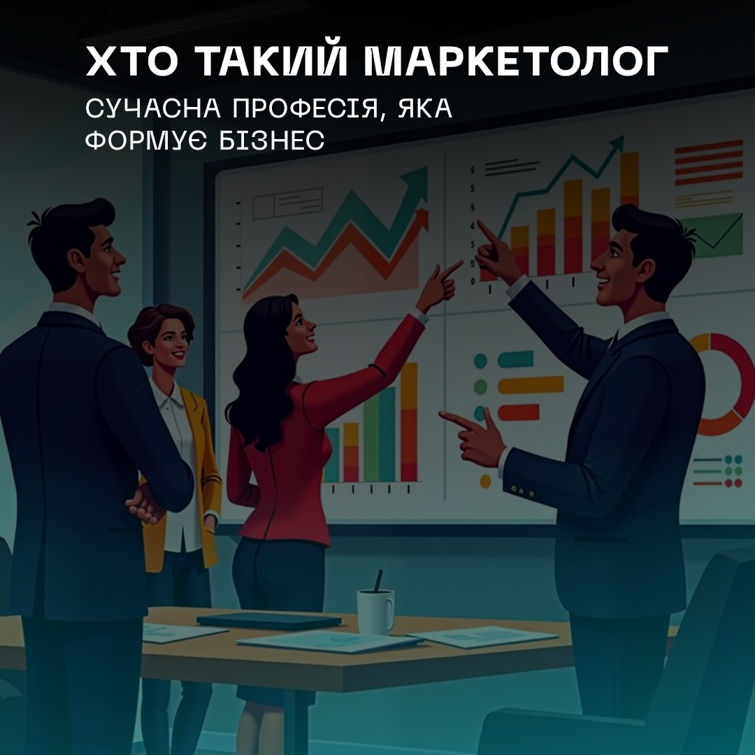 Ілюстрація команди маркетологів, які аналізують графіки та діаграми під час презентації в офісі. На зображенні зображено чотирьох професіоналів, один з яких вказує на графіки зростання, а інші уважно слухають.