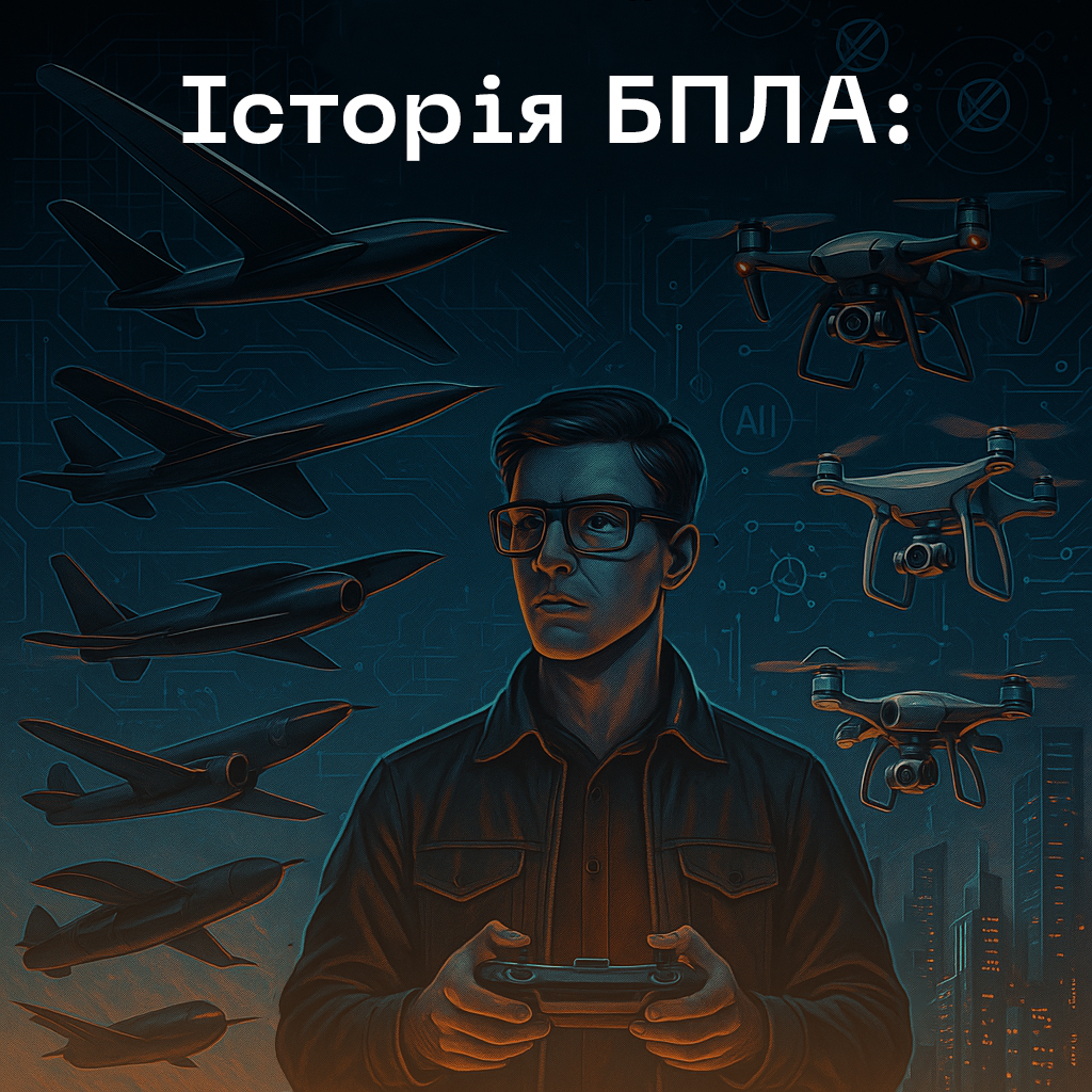 Ілюстрація історії та розвитку безпілотних літальних апаратів (БПЛА): еволюція дронів від перших прототипів до сучасних автономних систем із штучним інтелектом. Дрон у польоті символізує технологічний прогрес і перспективи інженерії безпілотних систем.