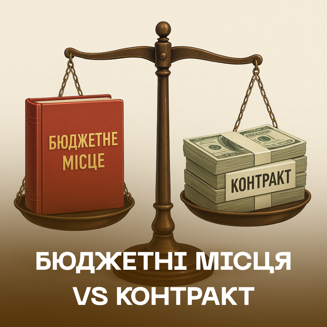 БЮДЖЕТНІ МІСЦЯ VS КОНТРАКТ Чому “безкоштовне” навчання в державному виші може коштувати вам свободи, нервів і років життя Терези, на одній шальці яких червона книга з написом "БЛАГОДІЙНІСТЬ МИСТЕЦТВО", а на іншій - стопка доларових банкнот з написом "КОНТРАКТ", з текстом "БЛАГОДІЙНІСТЬ МИСТЕЦТВО VS КОНТРАКТ" внизу.