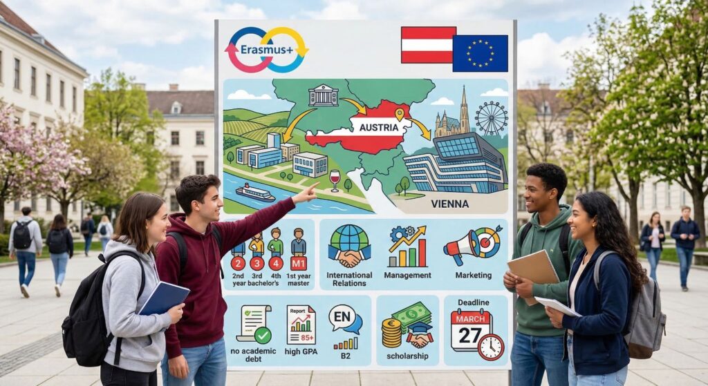 Інформаційний плакат програми академічної мобільності Еразмус+ в Австрії: навчання зі стипендією в університетах Відня та Кремса для студентів